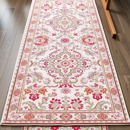 A luxurious Persian rug, richly detailed with intricate traditional patterns, showcases an elegant blend of pastel hues—soft pinks, light blues, and gentle greens. Silk threads shimmer subtly in the light, adding depth to the runner-sized canvas. Each motif weaves a story of culture and artistry, inviting warmth and beauty into any space.