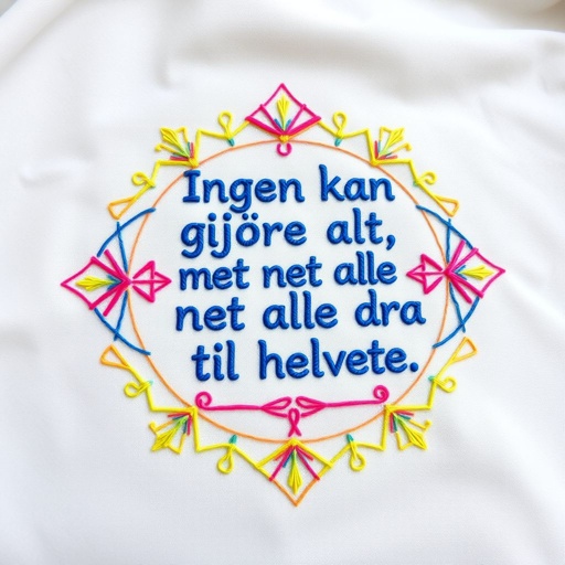 An intricate embroidery design featuring a bold slogan: "Ingen kan gjøre alt, men alle kan dra til helvete." Running stitch weaving through geometric patterns, vibrant cotton threads in shades of electric blue, neon pink, and sunny yellow. Soft polyester fabric serves as the backdrop, radiating energy and defiance through vivid motifs.