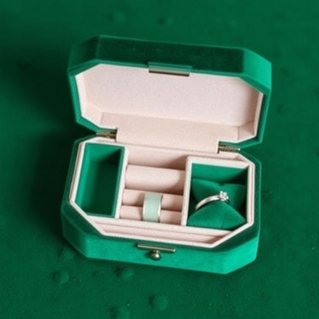 A medium-sized jewelry box in rich emerald green velvet, its surface soft and inviting. Modern design elements shine through clean lines and geometric shapes. Custom compartments meticulously crafted, varying in size and depth, perfect for rings, necklaces, and earrings. Subtle metallic accents add touches of elegance, enhancing its luxurious appearance.