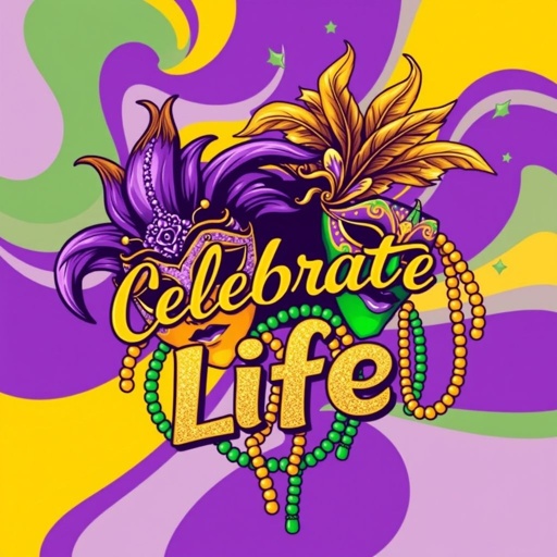 Vibrant T-Shirt design, Mardi Gras vibes, bold colors of purple, gold, and green swirling together. Classic masks adorned with glitter, feathers dancing in the air. Vintage typography spelling "Celebrate Life." Festive beads cascading like waterfalls, the essence of unity, joy, and resilience, echoing the spirit of IHMAcians, nostalgic yet lively.