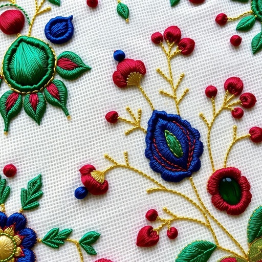 Intricate embroidery design featuring delicate backstitch patterns. Lustrous metallic threads weave through soft, evenweave fabric, showcasing a boho aesthetic. Rich jewel tones—emerald green, sapphire blue, ruby red—create a vibrant tapestry. Organic shapes and whimsical motifs blend harmoniously, evoking a sense of warmth, creativity, and artisanal charm throughout the piece.