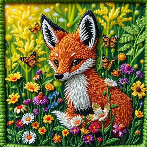A vibrant embroidered patch featuring a whimsical fox surrounded by colorful wildflowers. Intricate stitching showcases delicate fur patterns and bright eyes. Background filled with lush green foliage, tiny butterflies fluttering nearby. Warm sunlight filters through, casting soft shadows. Earthy thread colors blend harmoniously, creating a stunning textile art piece celebrating nature.